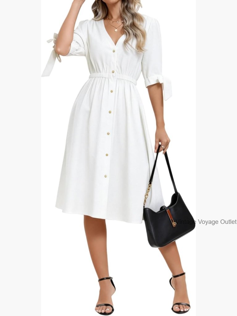 Linen Rayon Blend Midi Dress V-Neck Button Front Elastic Waist Puff Sleeve